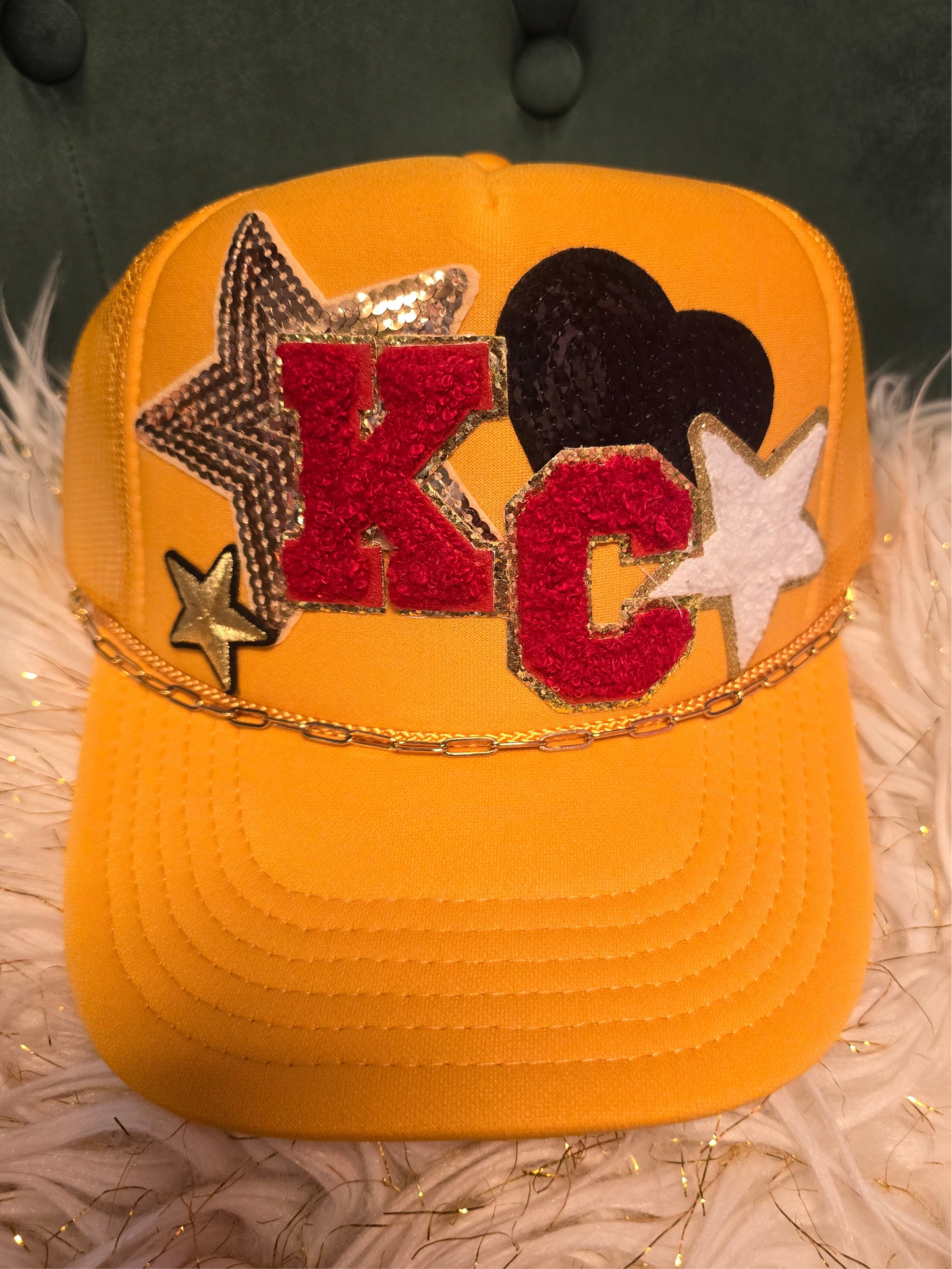 KC Chenille Letters with Sequin Star & Heart Patch Trucker Hat