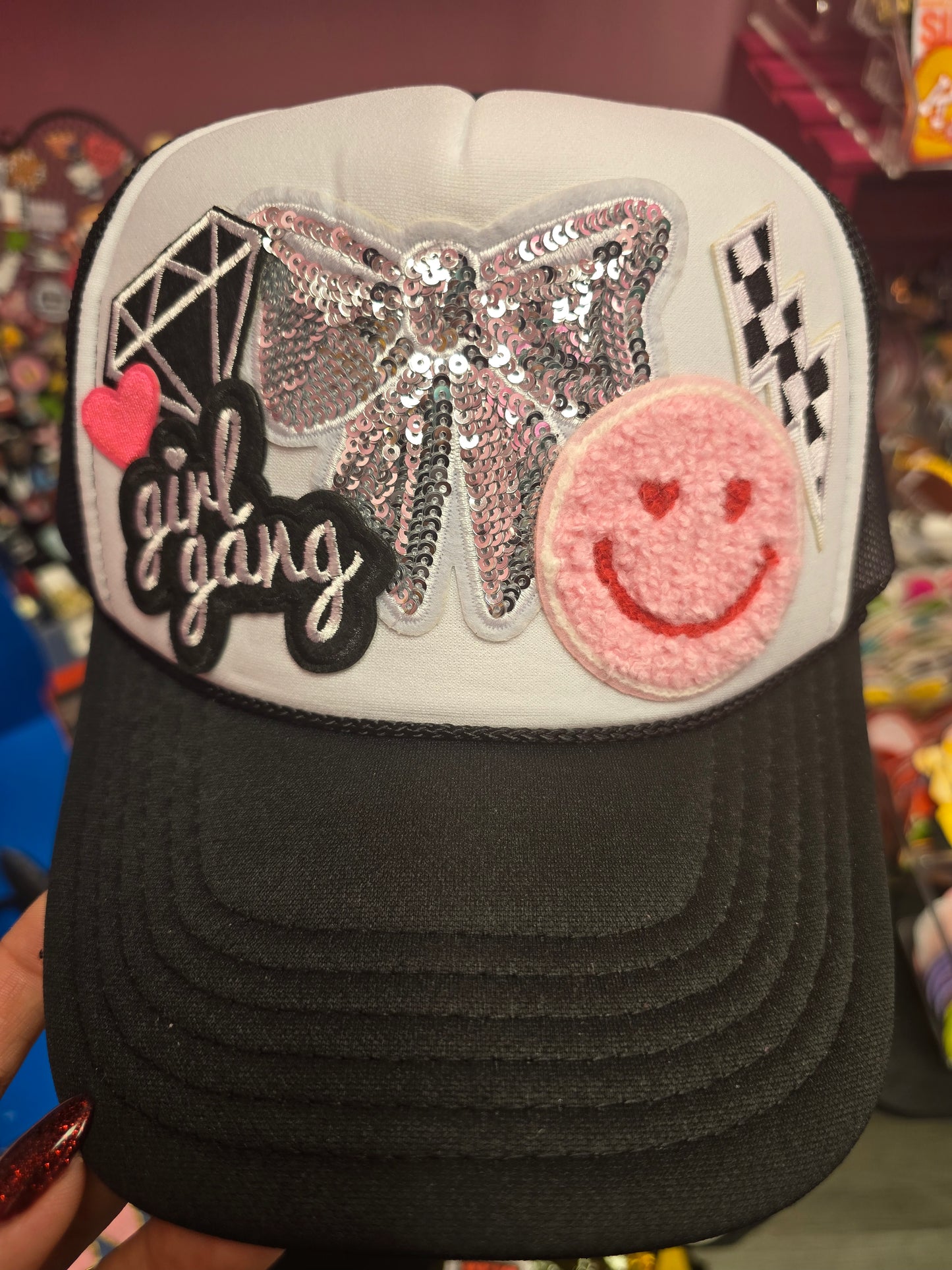 Girl Gang, Sequin Bow, and Smiley Face Trucker Hat
