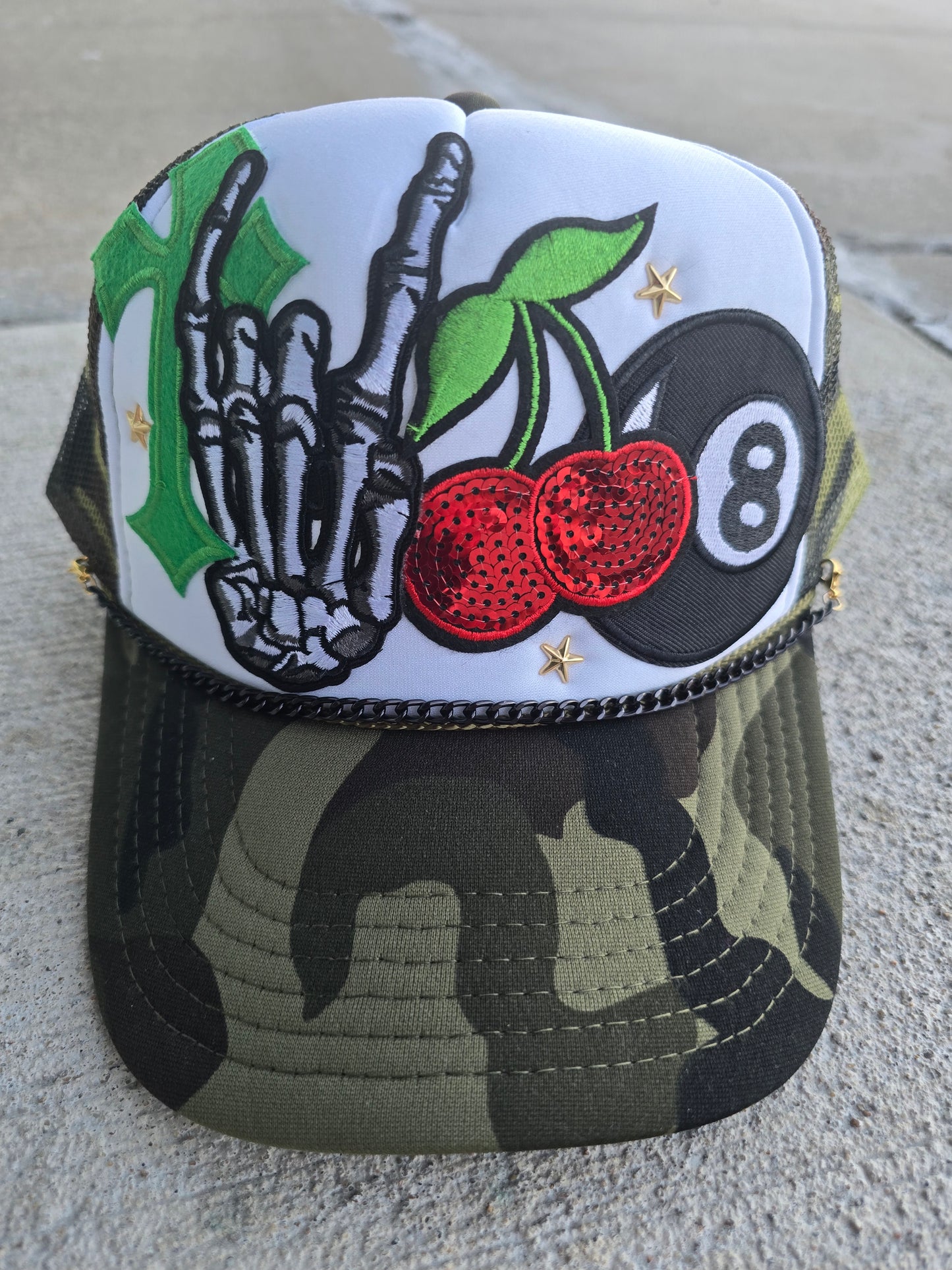 Icons- Rock, Cherry, Eight Ball, Cross Patch Camo Trucker Hat