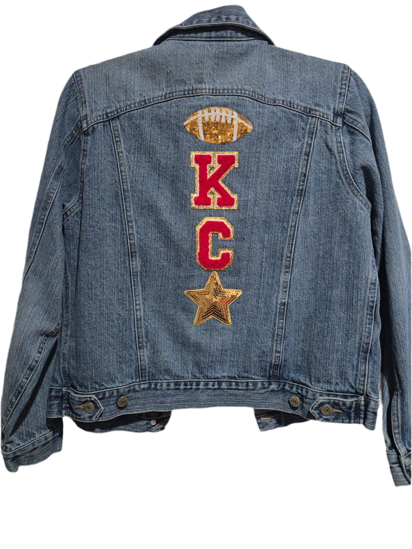 KC Chiefs Chenille Vertical Letters Jean Jacket, M Women’s