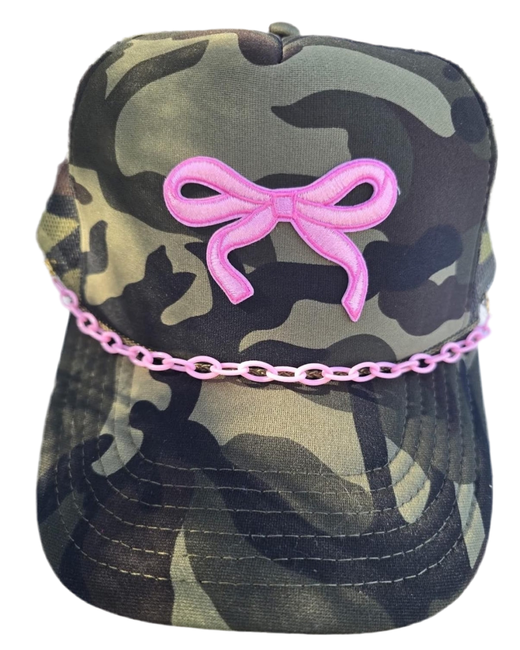 Pink Bow Camo Trucker Hat with Pink Chain