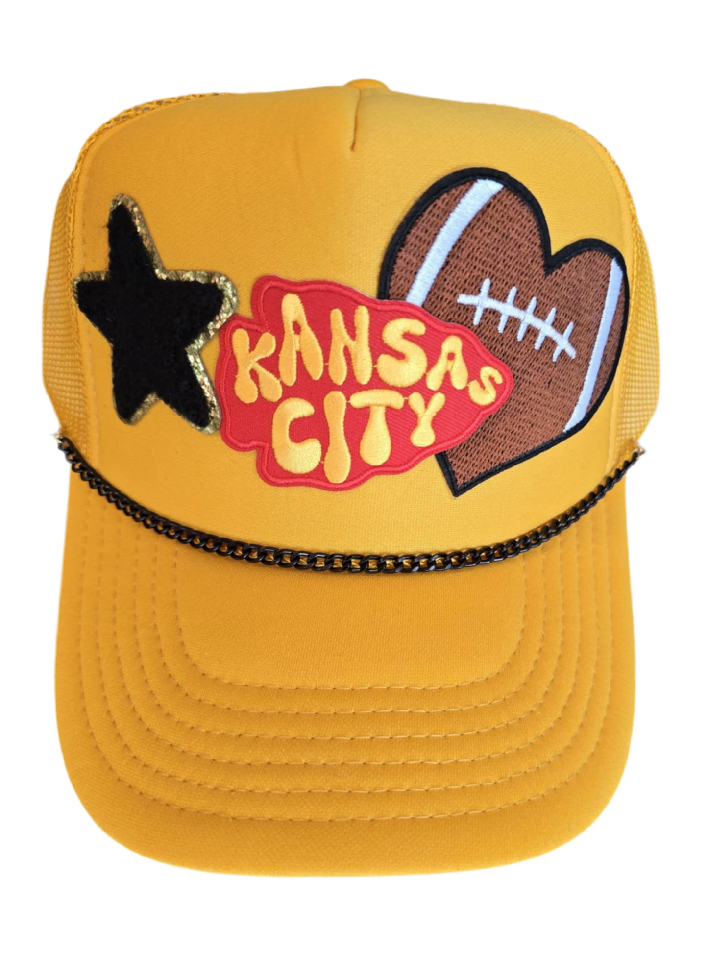 Kansas City Chiefs Arrowhead with a Heart Football on Yellow Gold Trucker Hat