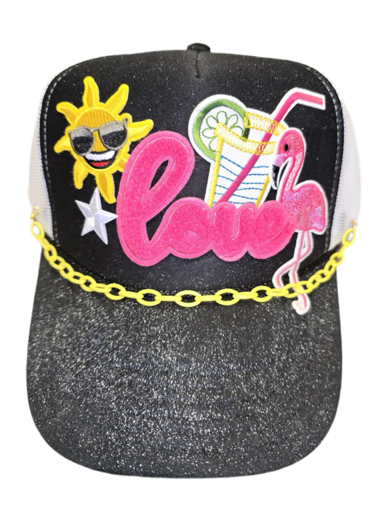 Summer Lovin’ Flamingo Trucker Hat with Silver Shimmer Glitter and Yellow Chain
