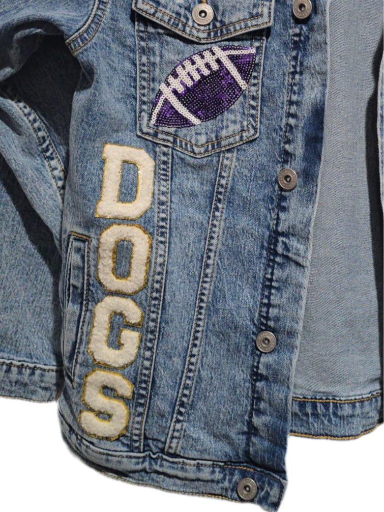 Kearney Bulldogs Spangles Pawprint Football Jean Jacket, L Girls