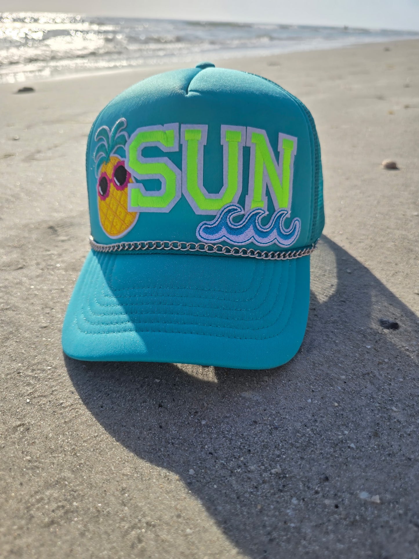 SUN, Waves, & Pineapple Shimmer Turquoise Trucker Hat w/ Chain