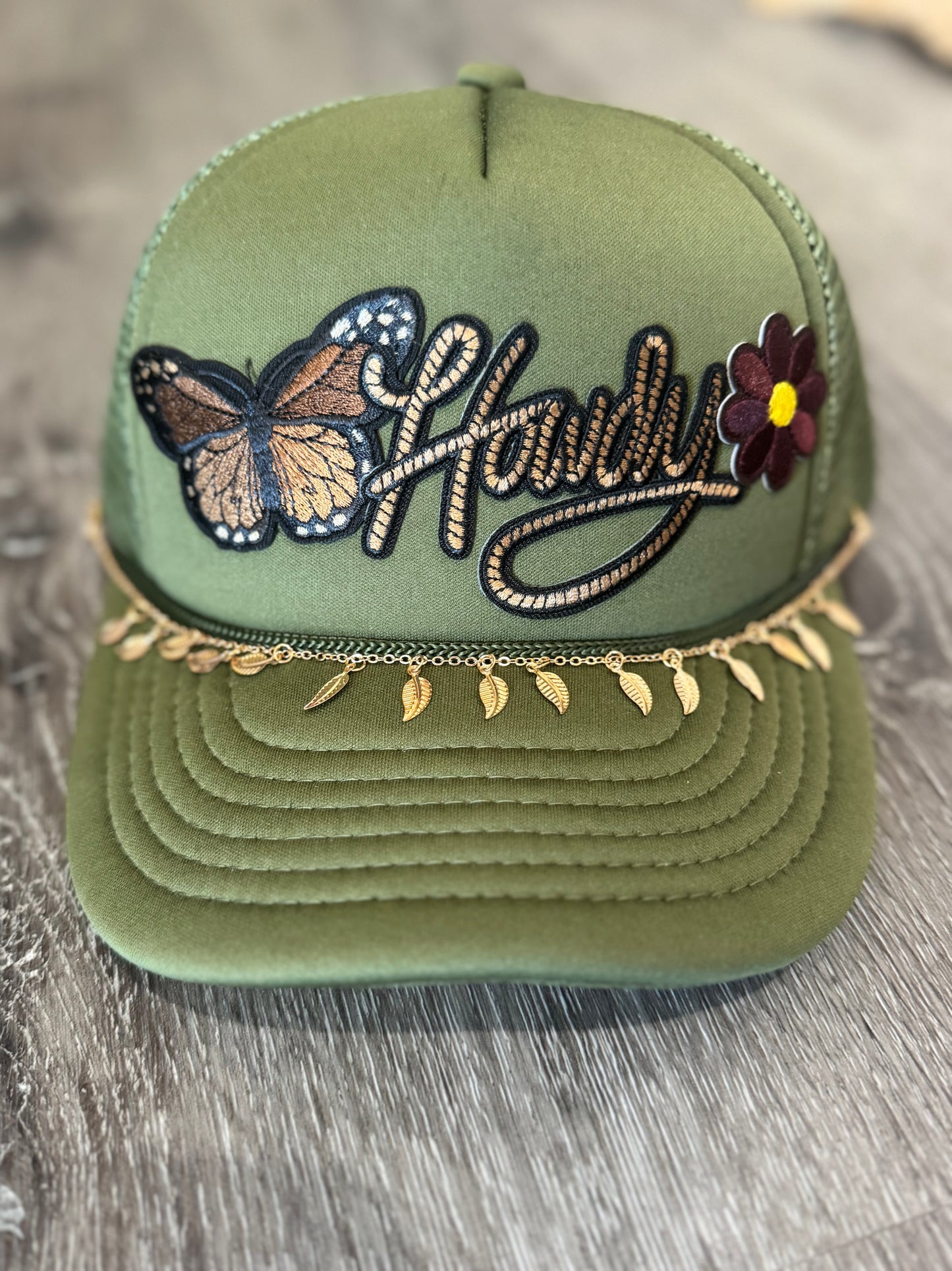 Howdy Butterfly & Flower Olive Green Trucker Hat