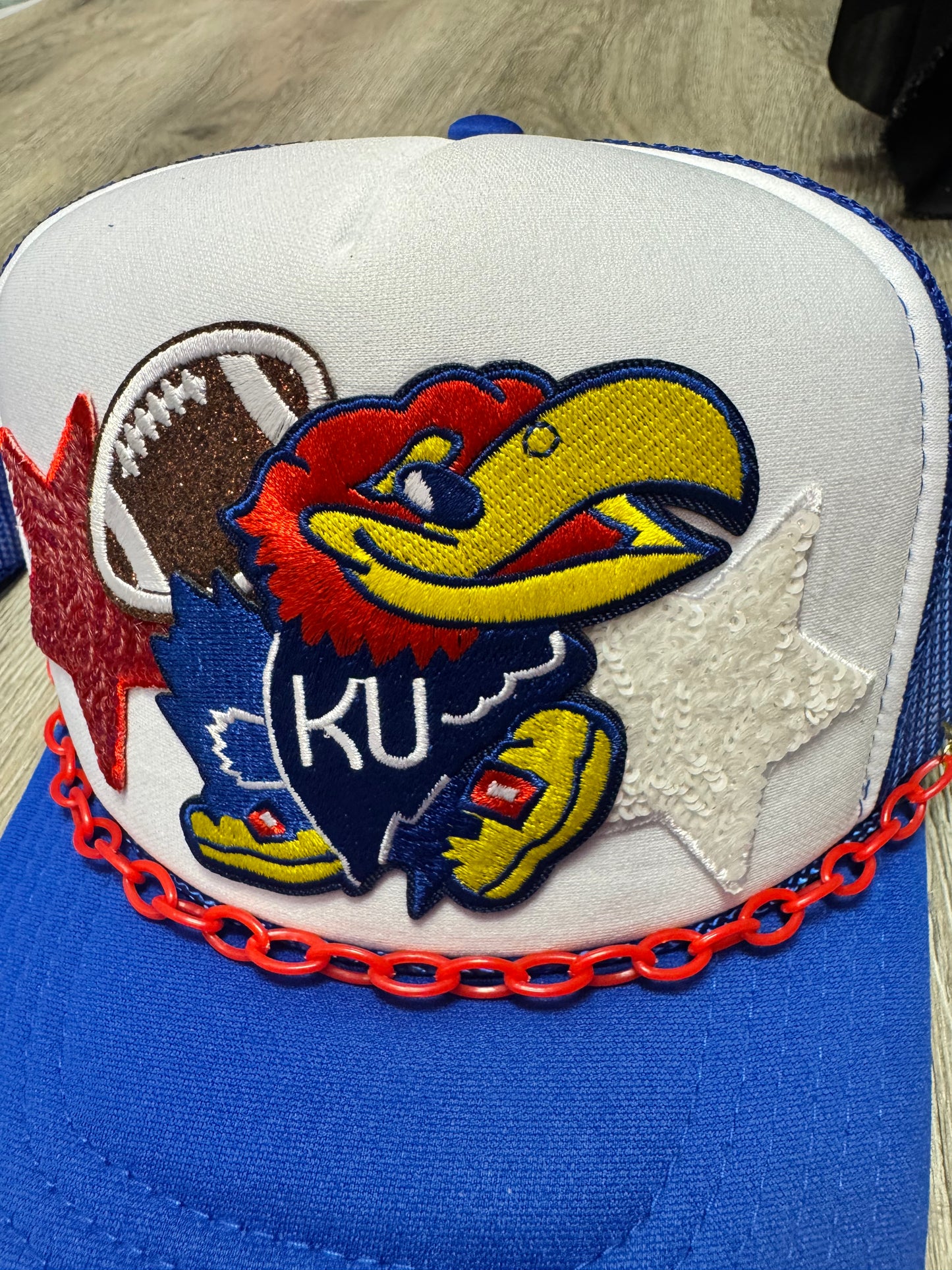 KU Jayhawks Signature Logo Trucker Hat with the Bird, a Football, & Fun Stars