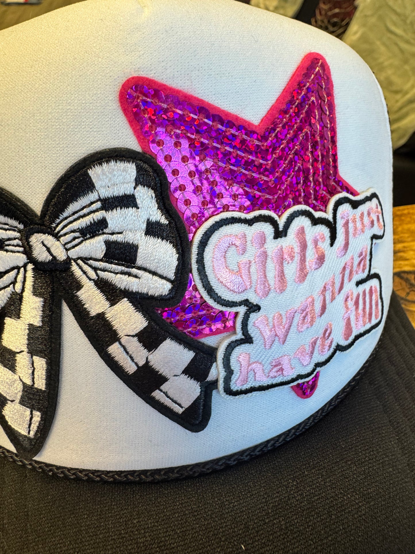 Girls Just Wanna Have Fun Checkered Bow Trucker Hat