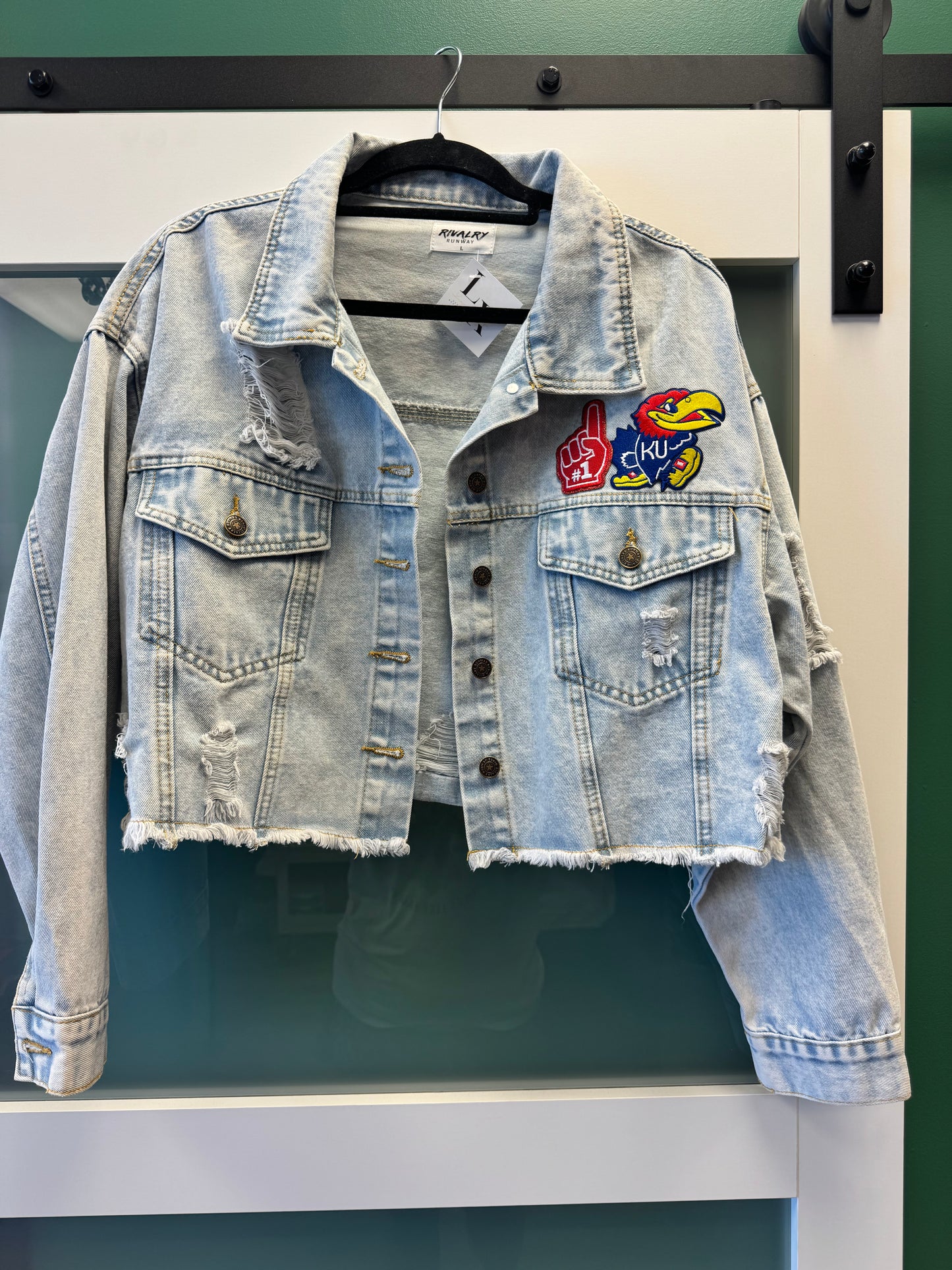 KU Jayhawks Basketball Distressed Denim Crop Jean Jacket, Women’s Size Large