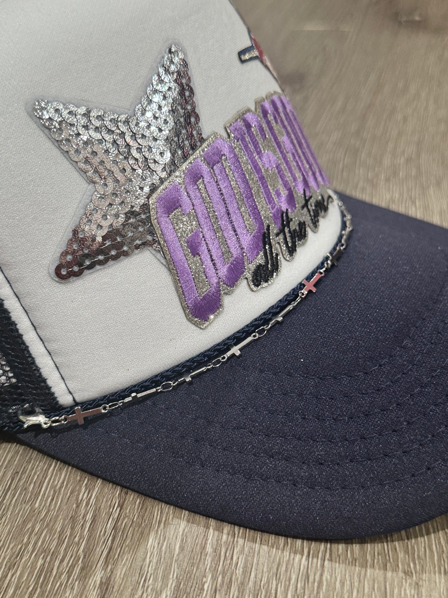God is Good All the Time Shimmer & Sequin Christian Trucker Hat