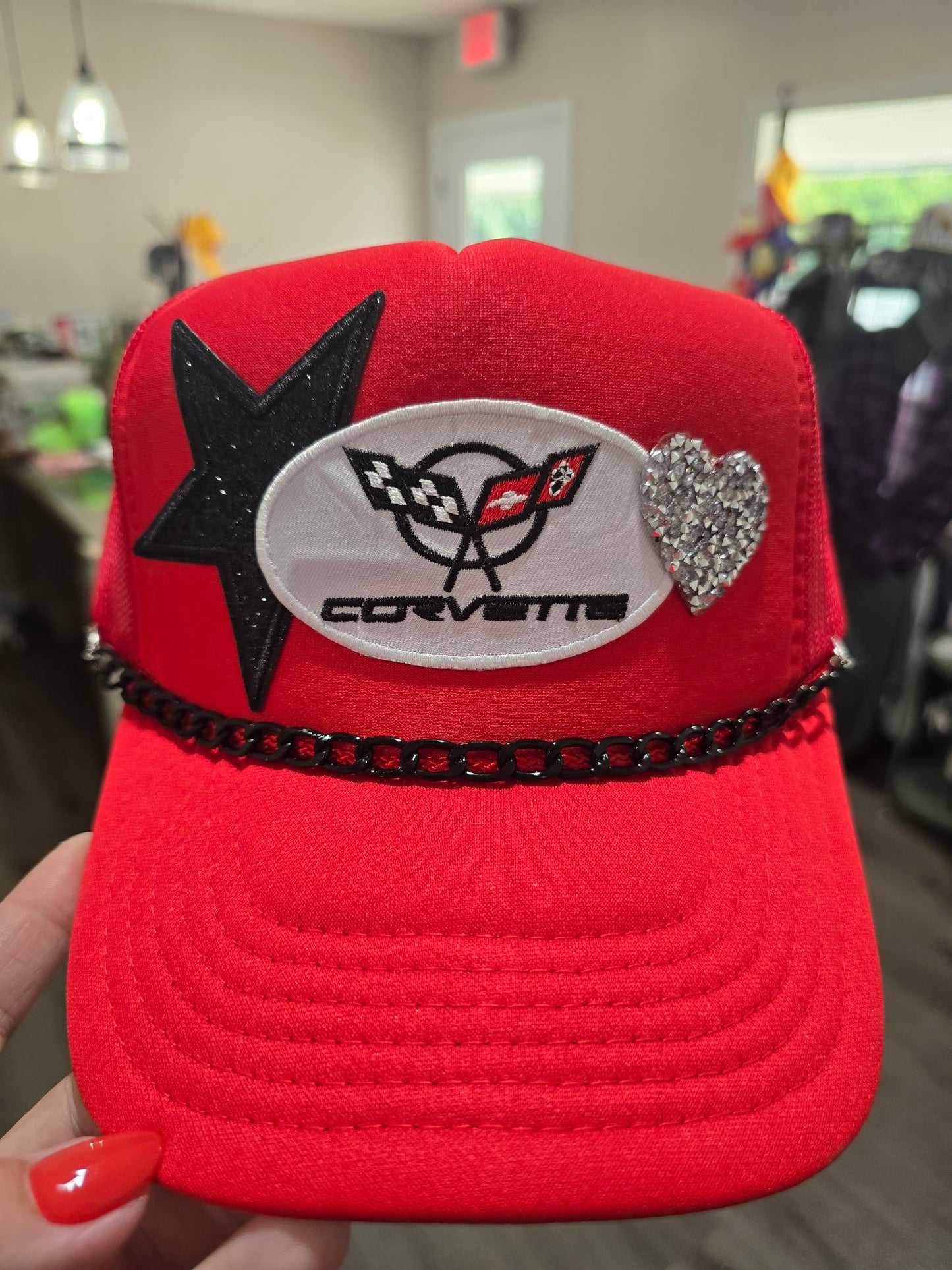 Corvette Red Trucker Hat with Black Shimmer Star