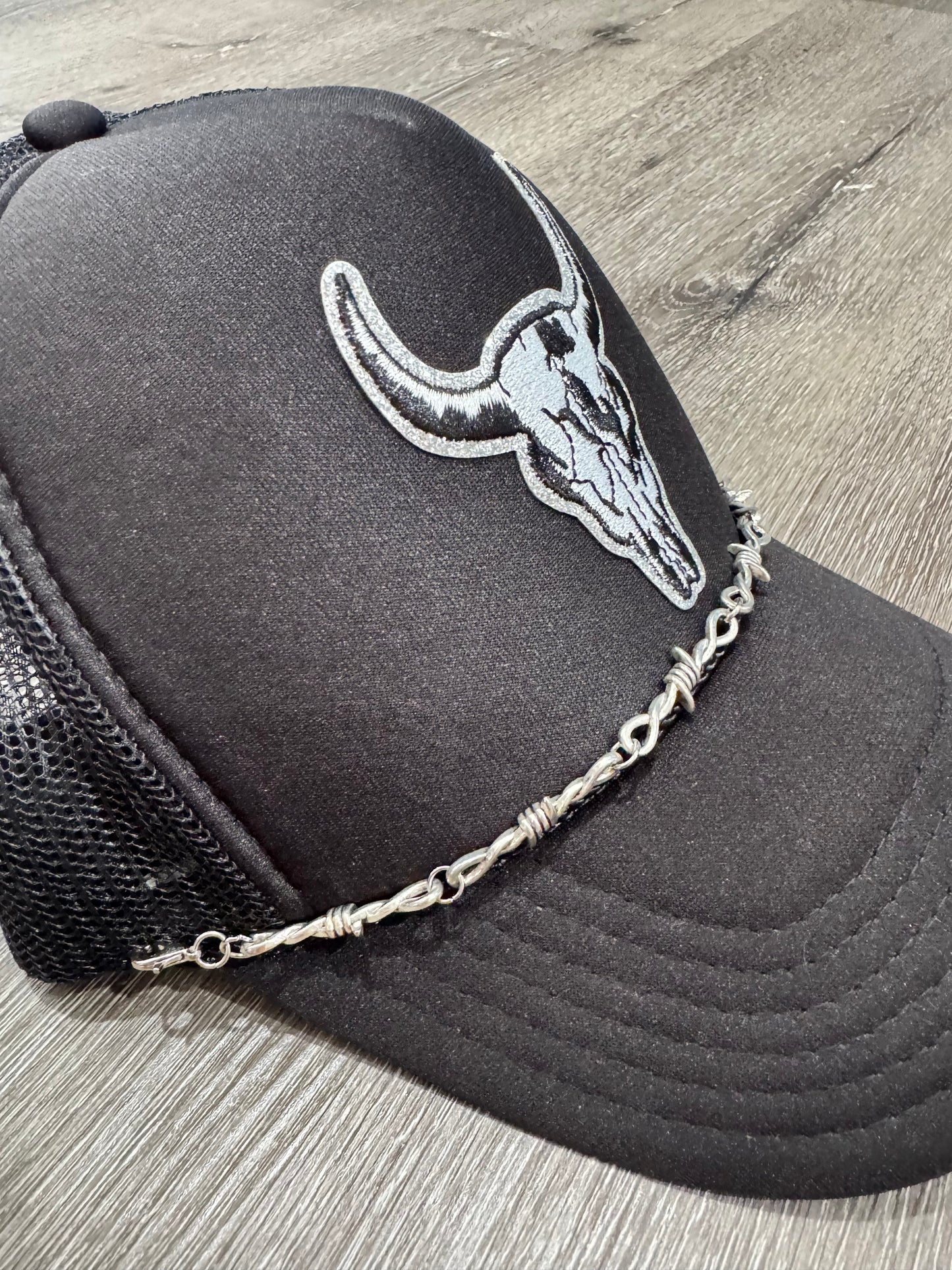 Black & White Cow Skull Barbwire Trucker Hat
