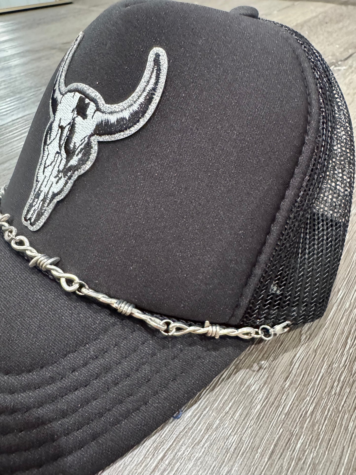 Black & White Cow Skull Barbwire Trucker Hat