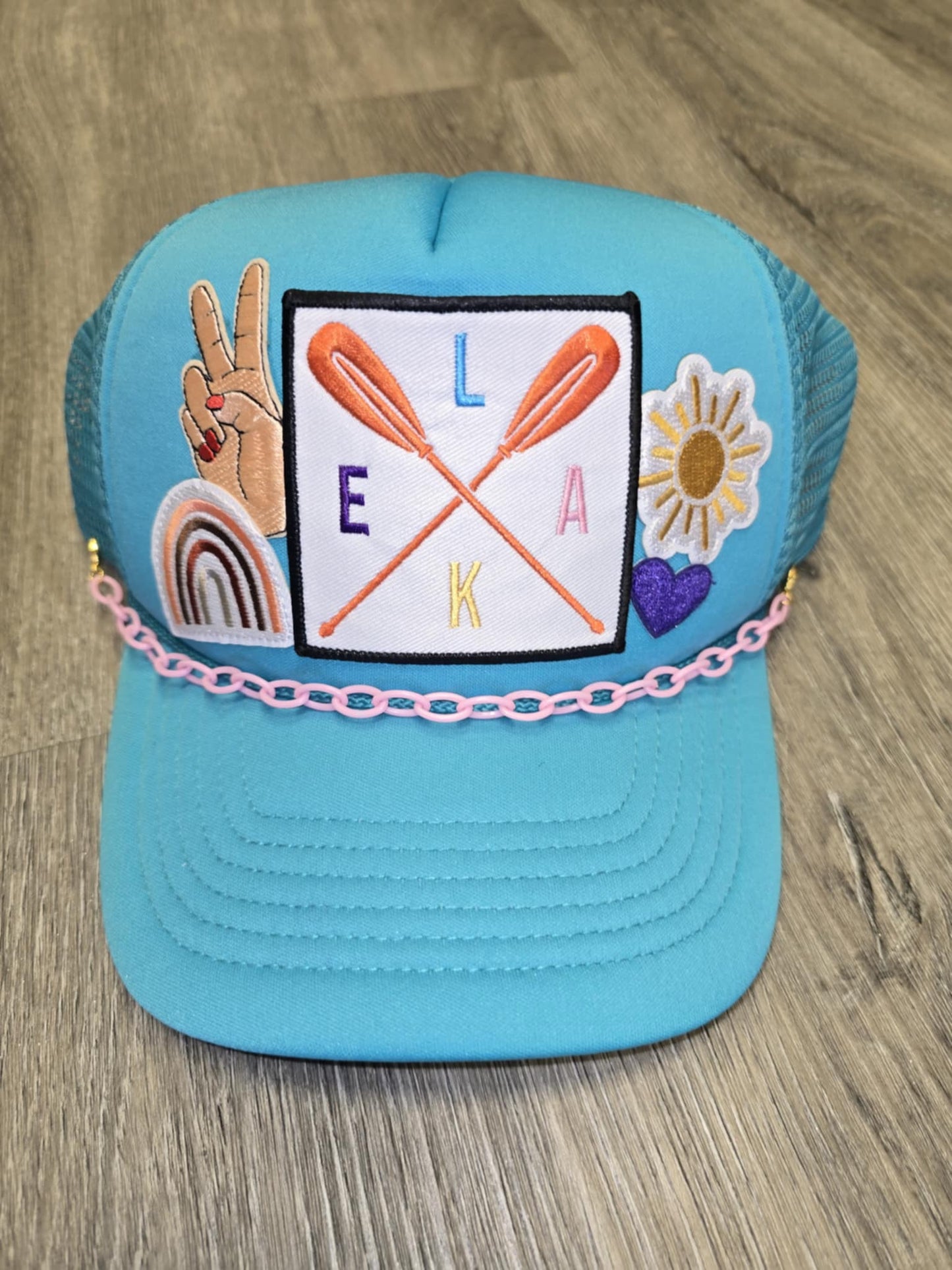 Lake Days & Sun Rays Turquoise Trucker Hat with Pink Chain