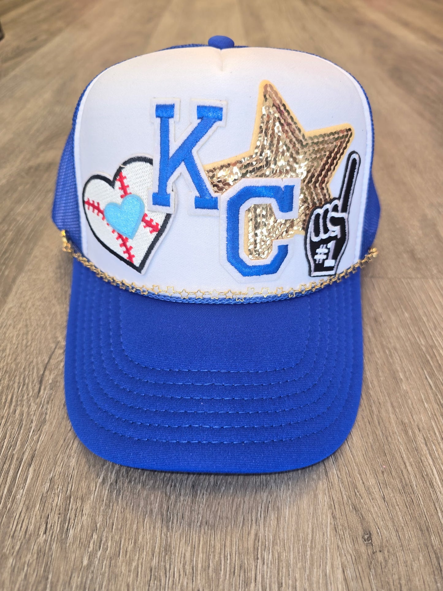 KC Royals Baseball Gold Glitter Star on Royal & White Trucker Hat