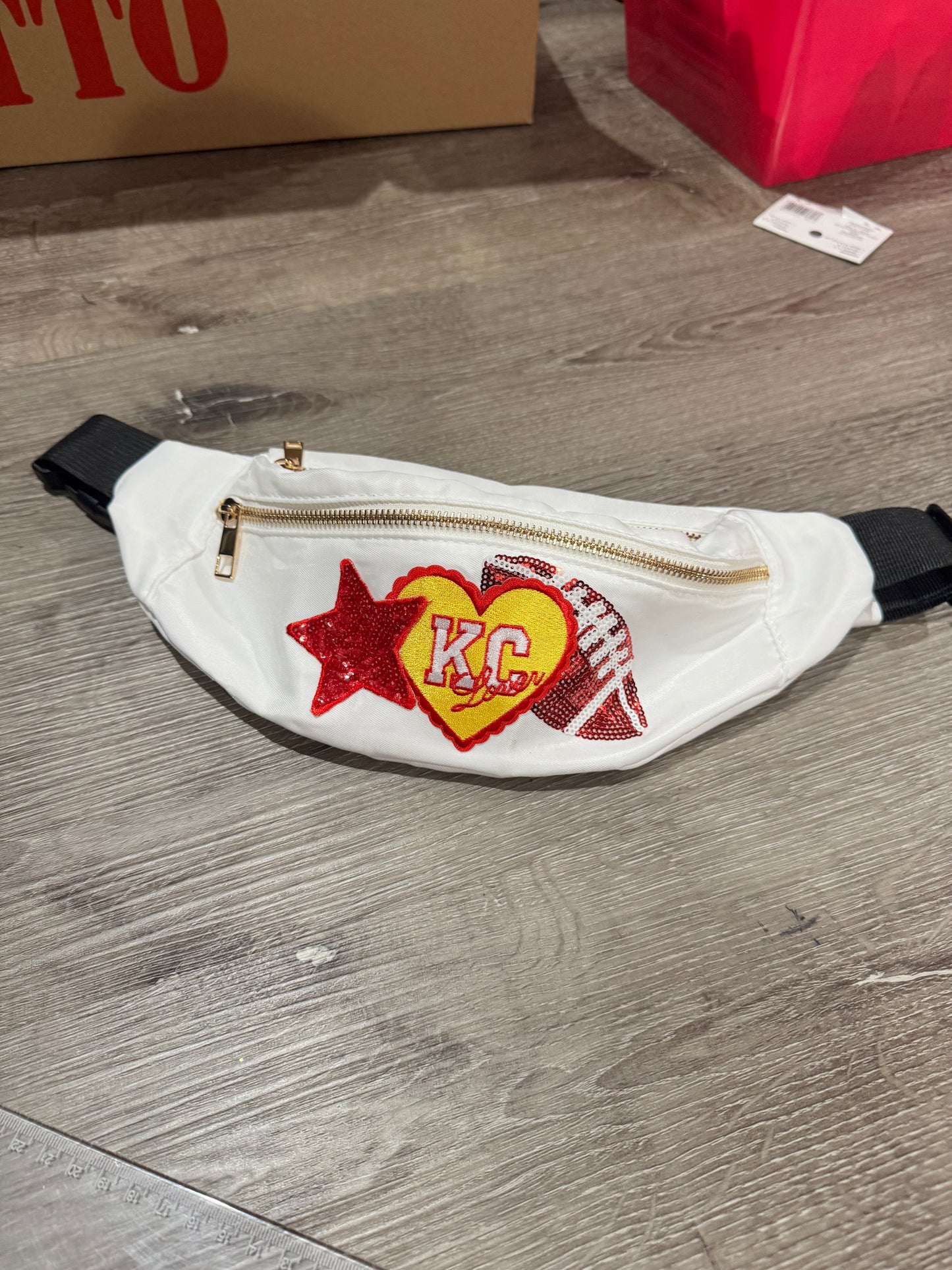 KC Chiefs Lover Sequin Football Crossbody Purse in White Satin