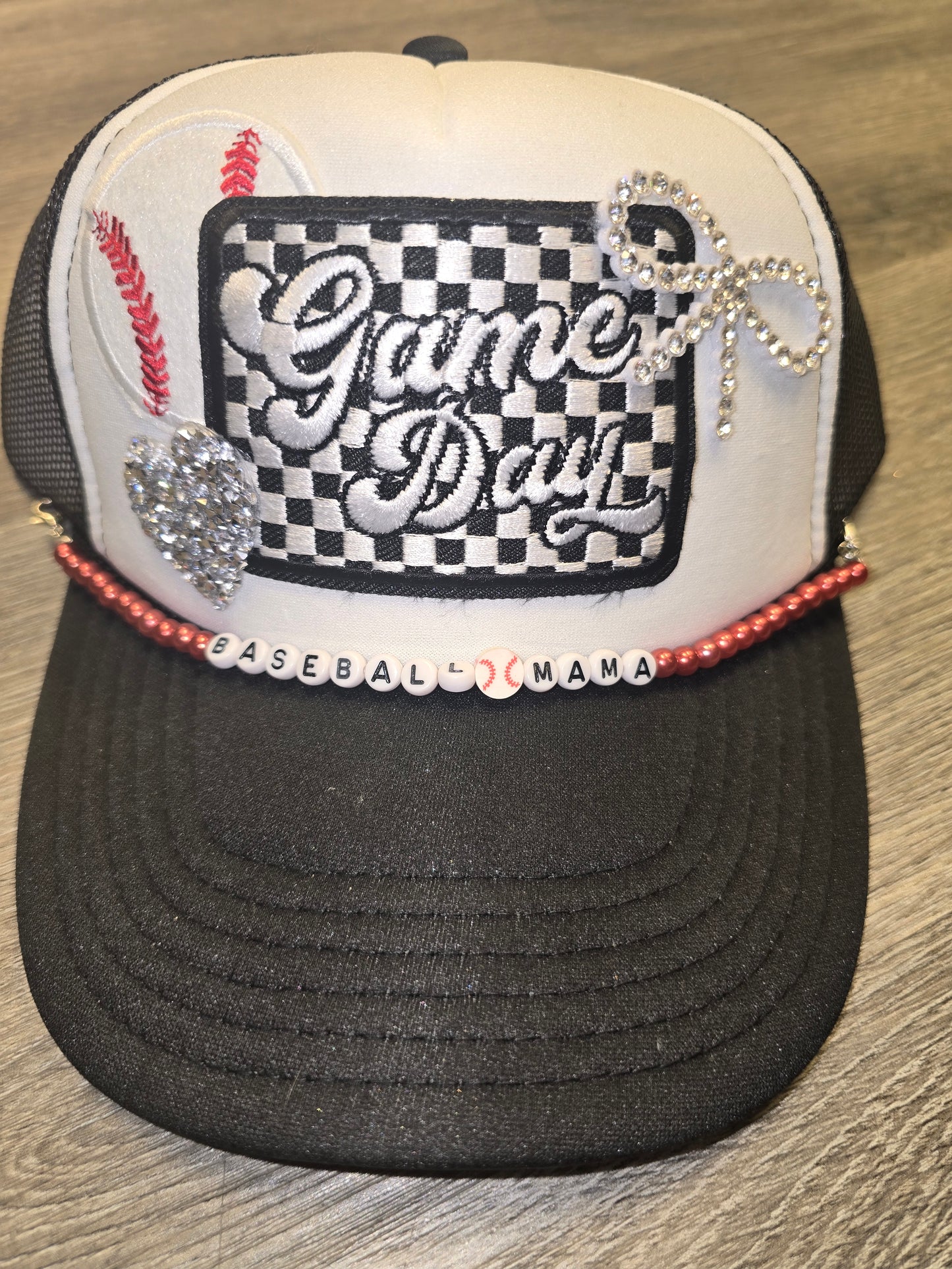 Game Day Checkered Bow Baseball Trucker Hat with Baseball Mama Chain