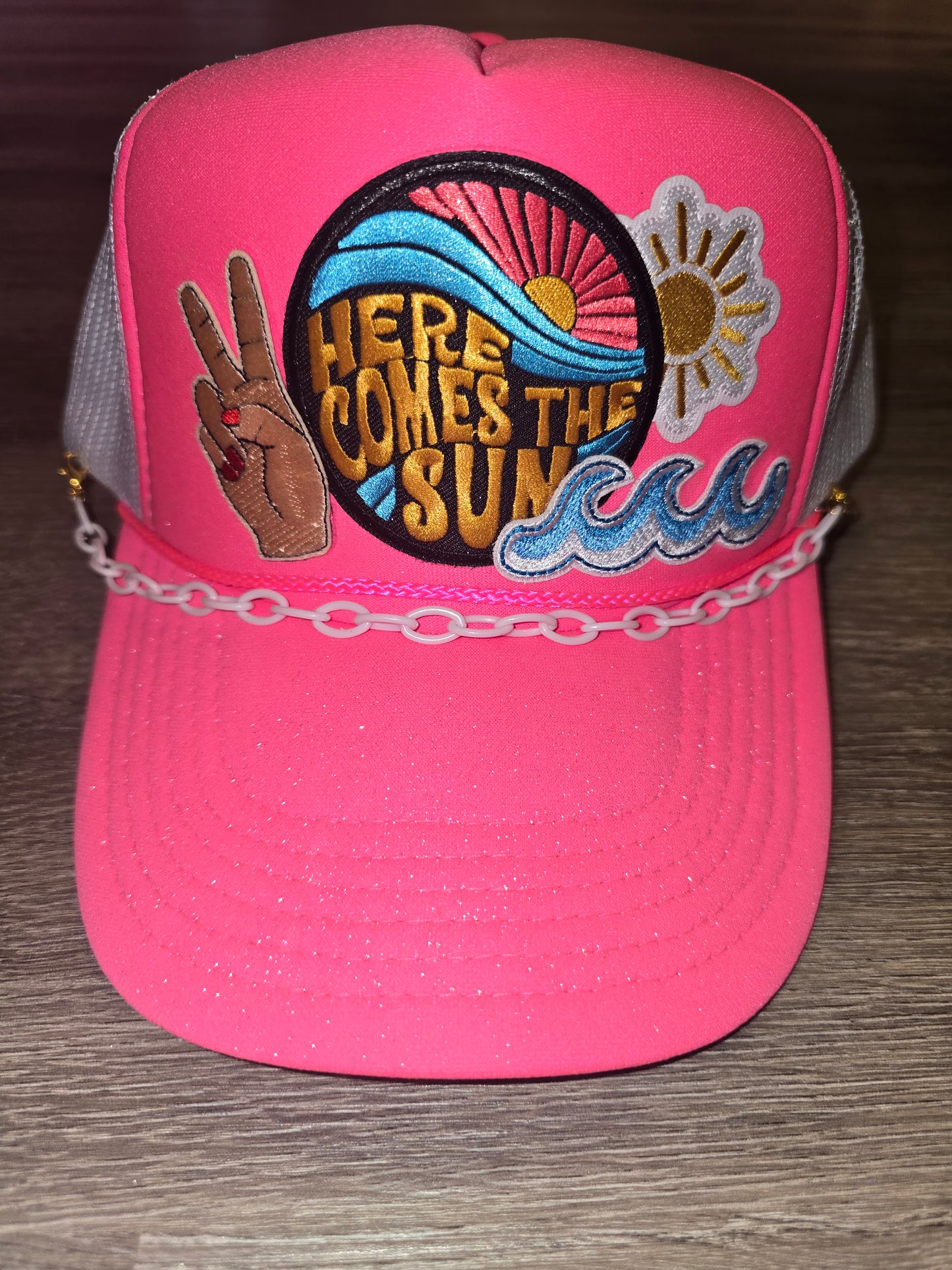 Here Comes the Sun Summer Trucker Hat with a White Chain