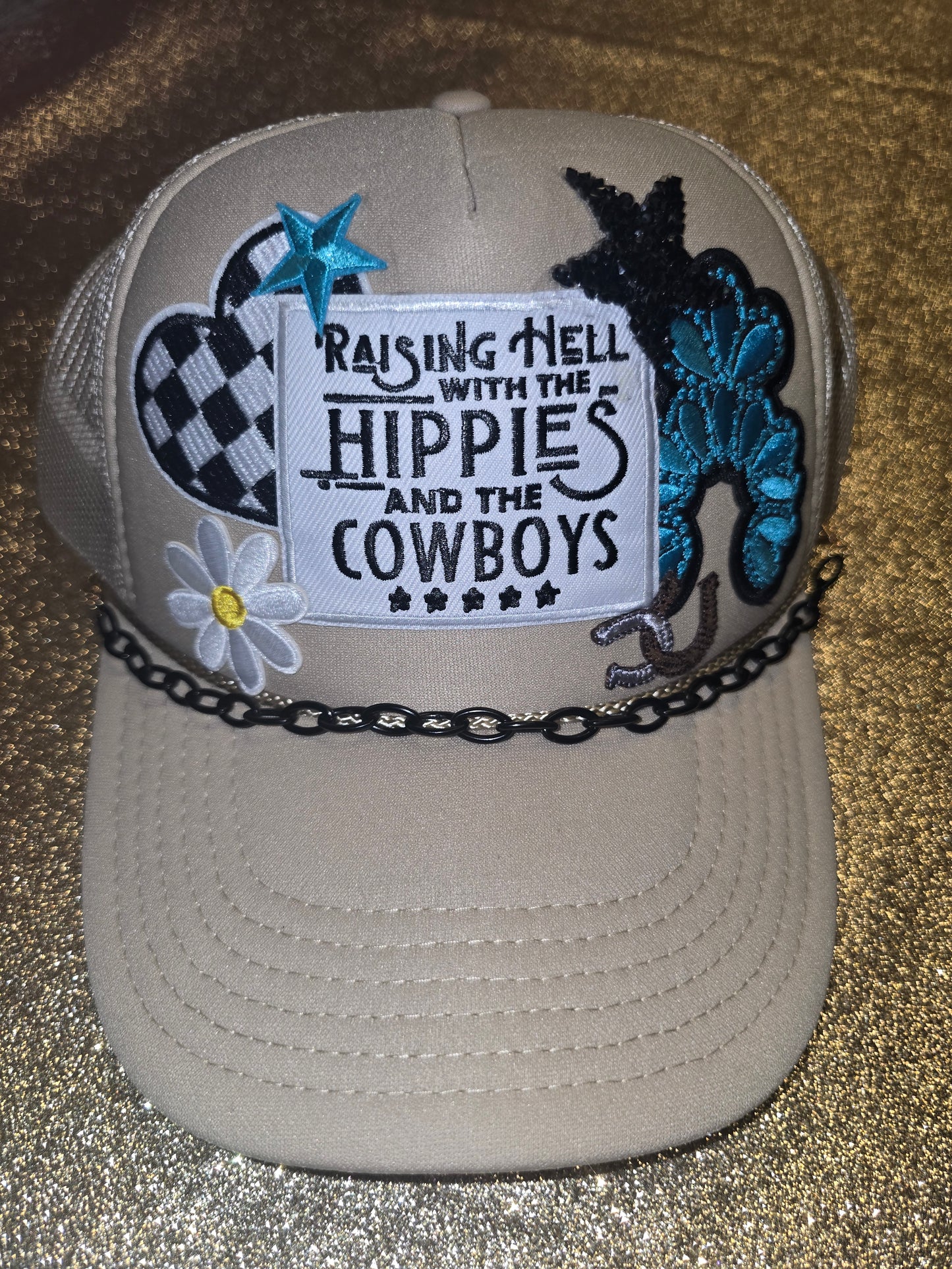 Raising Hell with the Hippies & Cowboys Trucker Hat with Chain