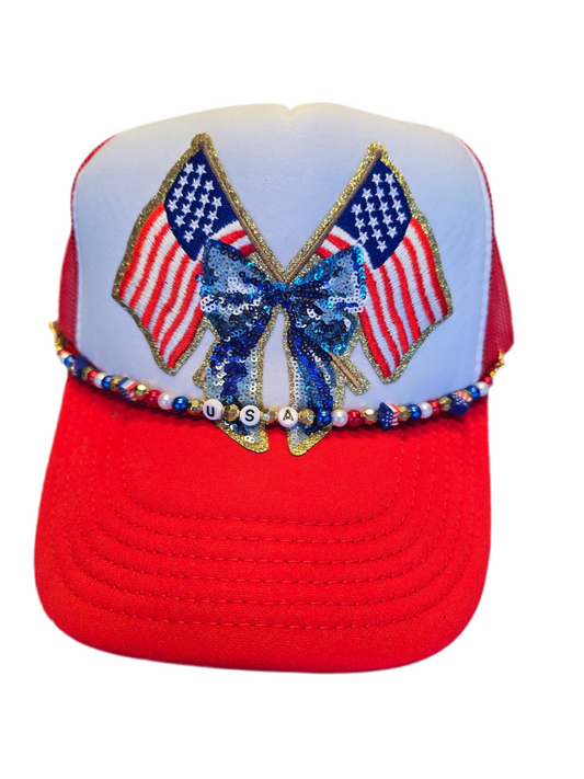 Patriotic Flags & Bow Glam Hat with USA Beaded Chain