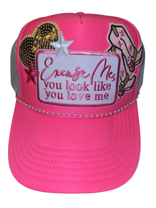 Excuse Me Hot Cowboy Boots Pink Trucker Hat