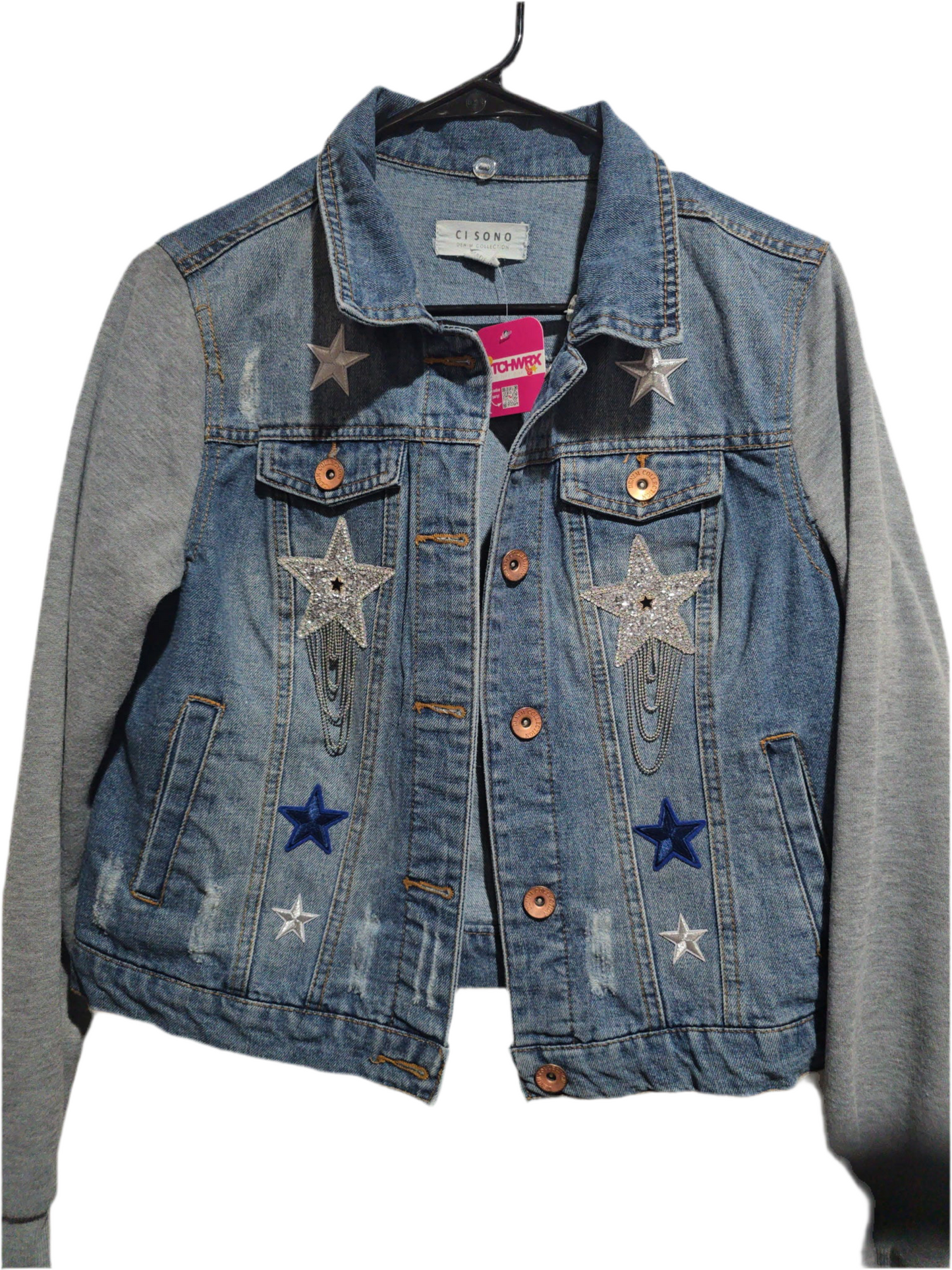 Dallas Cowboys Chic Jean Jacket with Sweatshirt Sleeves, M Women’s