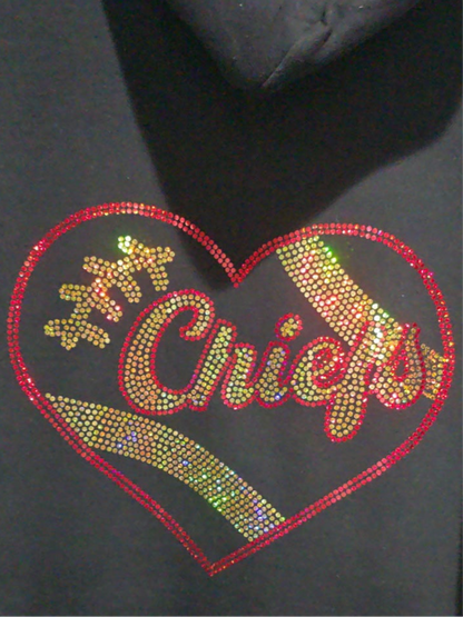 KC Chiefs Heart Football Spangle-design Black Hoodie, XL Unisex