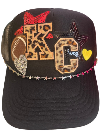 KC Chiefs Leopard Black SnapBack Trucker Hat with Sequin Stars & Hearts and Star Chain