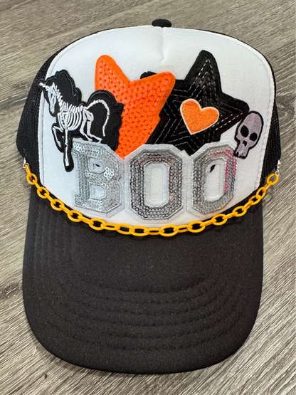 Boo Orange & Black Sequin Star Skeleton Trucker Hat