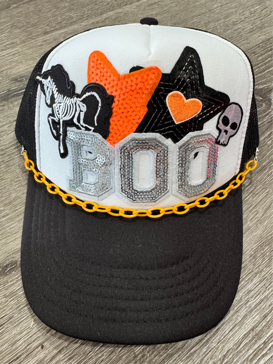 Boo Orange & Black Sequin Star Skeleton Trucker Hat