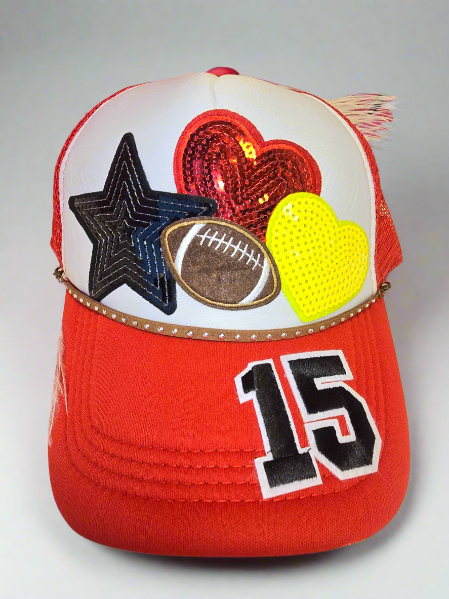 Mahomes #15 Sequin Heart Red & White Trucker Hat