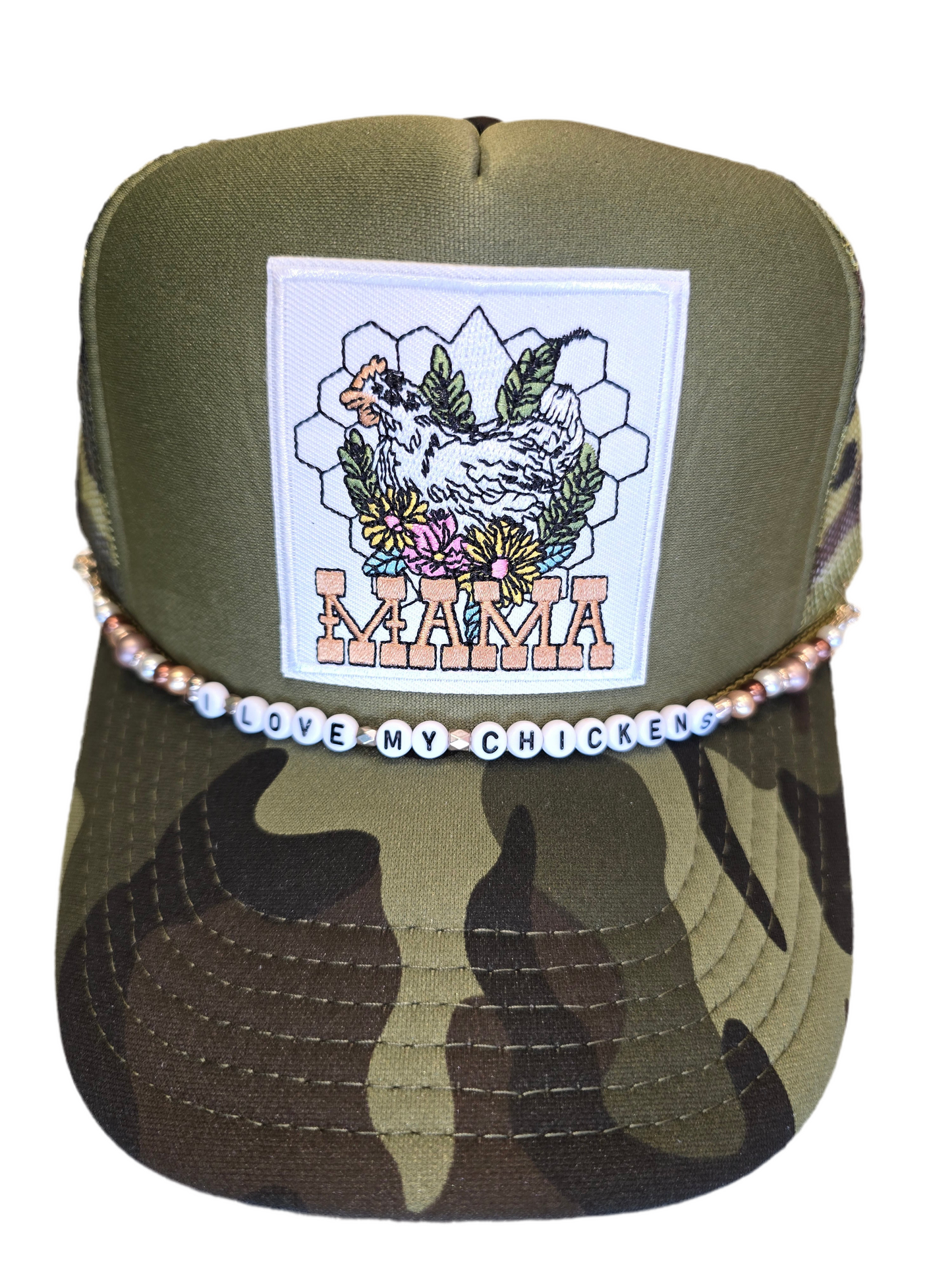 Chicken Mama Patch Trucker Hat with Love My Chickens Beaded Chain