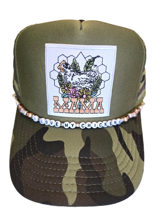 Chicken Mama Patch Trucker Hat with Love My Chickens Beaded Chain