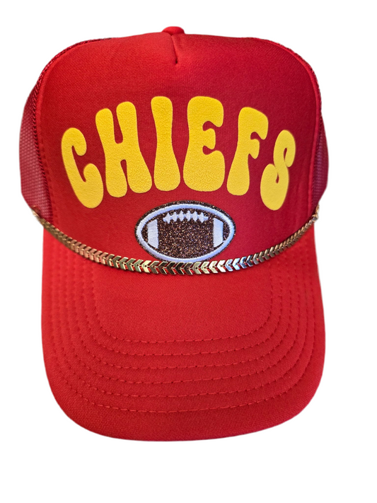 KC Chiefs Yellow Gold Puff Letter on Red Trucker Hat with Gold Chain