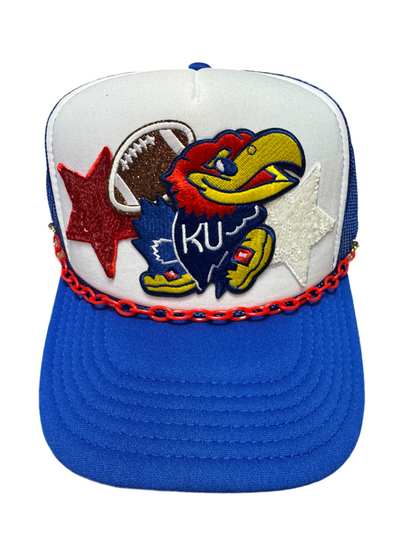 KU Jayhawks Signature Logo Trucker Hat with the Bird, a Football, & Fun Stars