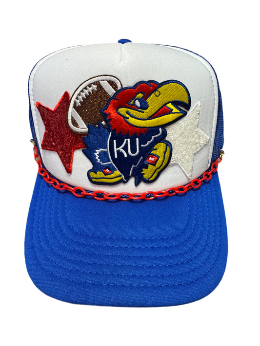 KU Jayhawks Signature Logo Trucker Hat with the Bird, a Football, & Fun Stars