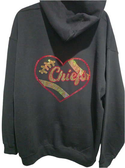 KC Chiefs Heart Football Spangle-design Black Hoodie, XL Unisex