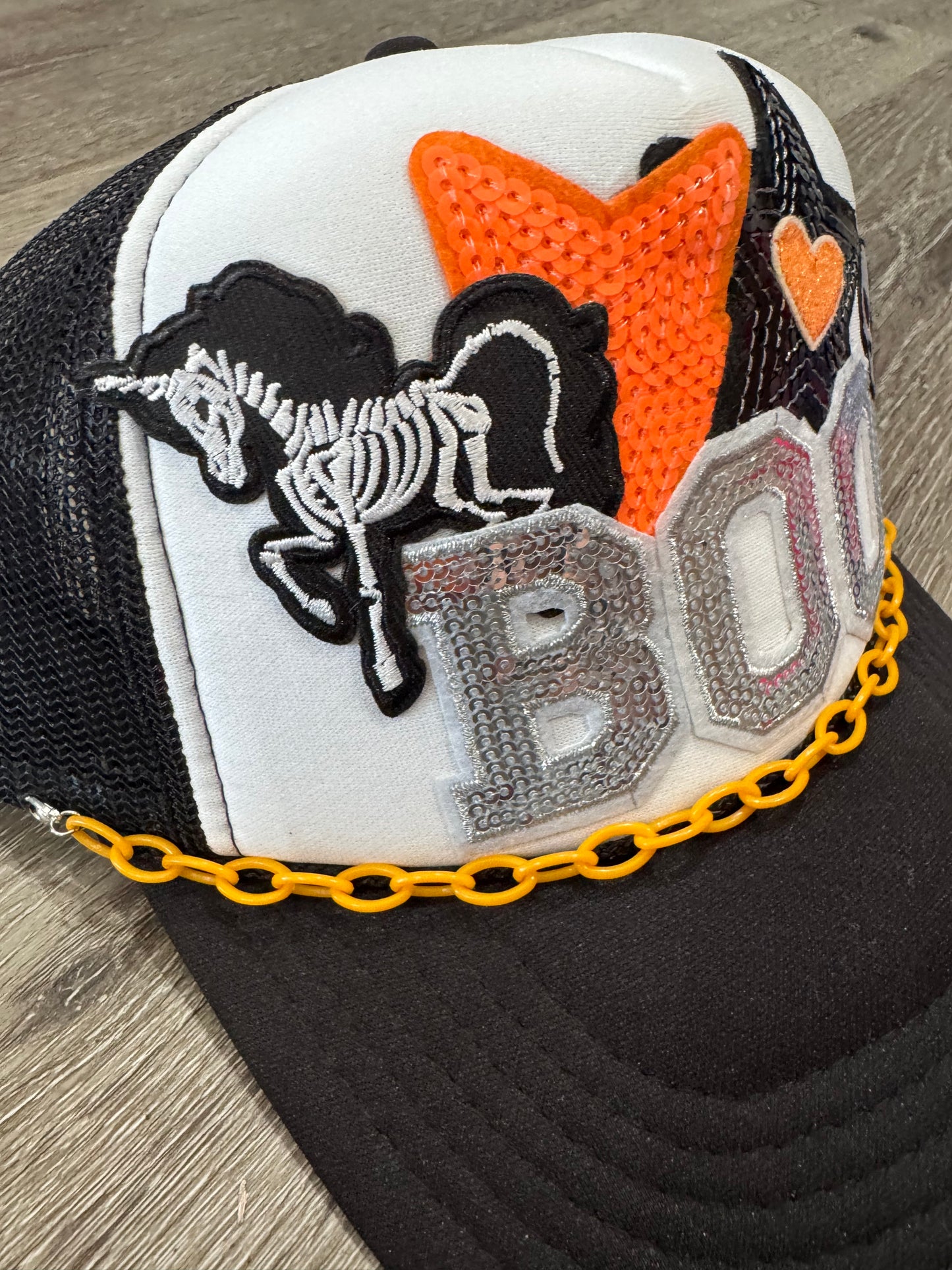 Boo Orange & Black Sequin Star Skeleton Trucker Hat