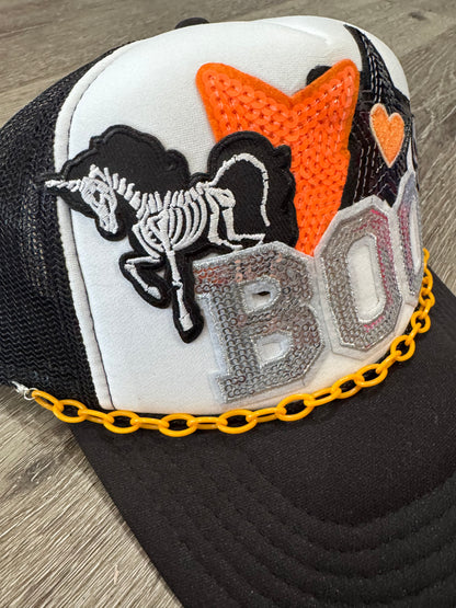 Boo Orange & Black Sequin Star Skeleton Trucker Hat