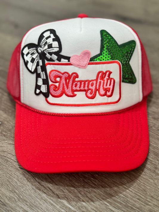 Naughty Checkered Bow Christmas Trucker Hat