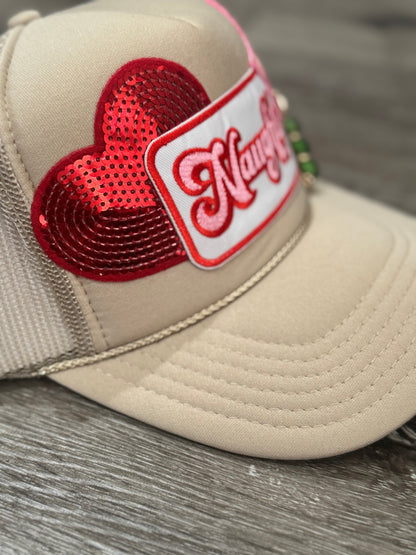 Naughty Christmas Tan Trucker Hat