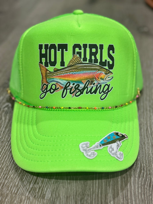 Hot Girls Go Fishing Neon Trucker Hat