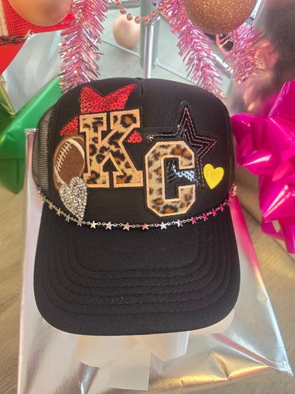 KC Chiefs Leopard Black SnapBack Trucker Hat with Sequin Stars & Hearts and Star Chain