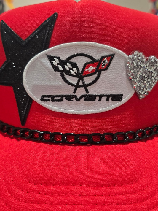 Corvette Red Trucker Hat with Black Shimmer Star