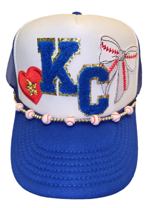 KC Royals Bow Baseball Trucker Hat with Baseball Beaded Chain