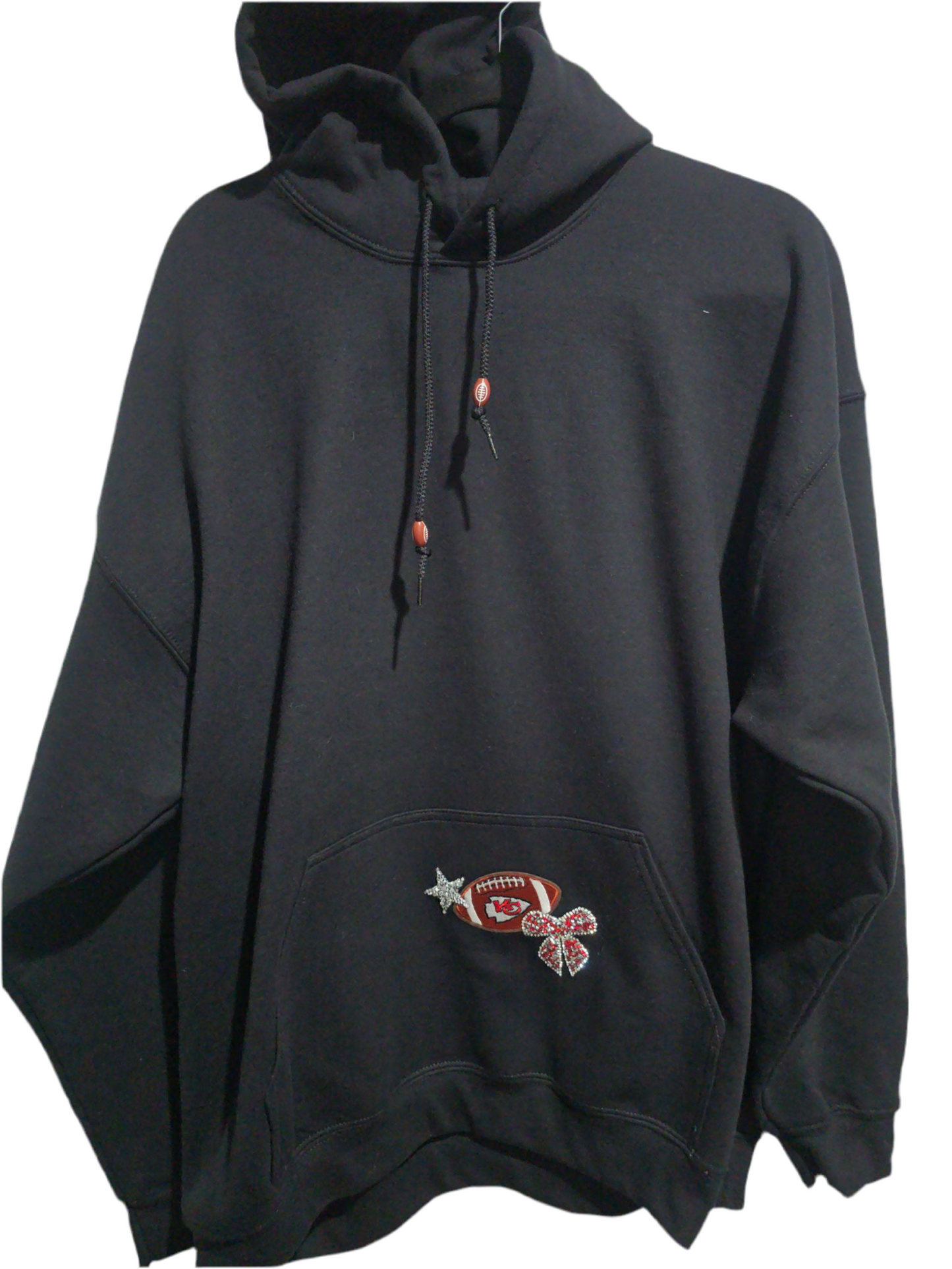 KC Chiefs Heart Football Spangle-design Black Hoodie, XL Unisex