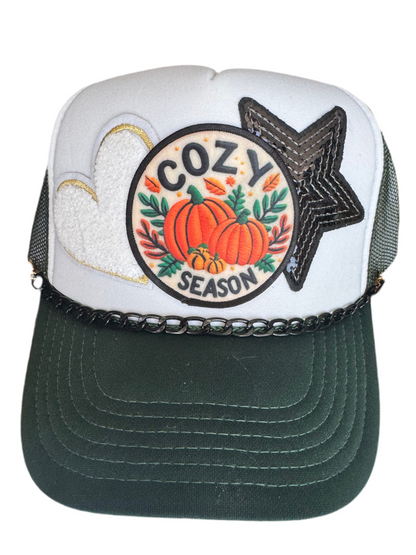 Cozy Season Pumpkin Fall on Hunter Green Trucker Hat