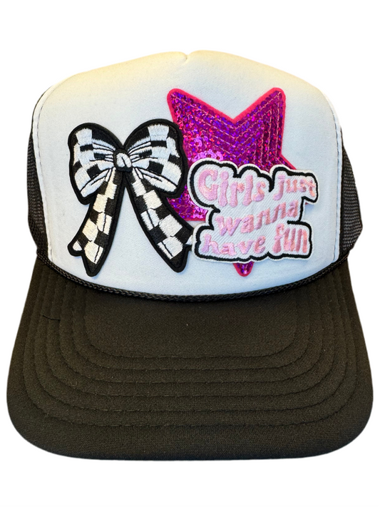 Girls Just Wanna Have Fun Checkered Bow Trucker Hat