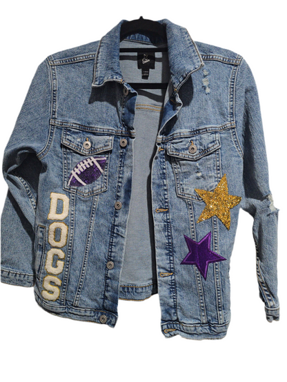 Kearney Bulldogs Spangles Pawprint Football Jean Jacket, L Girls