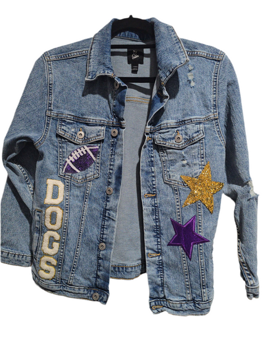Kearney Bulldogs Spangles Pawprint Football Jean Jacket, L Girls